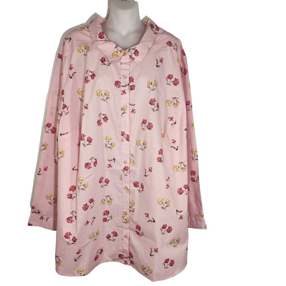 Roaman's Women's Shirt Size 32W Pink Floral Button Up Long Pleated Sleeve Office